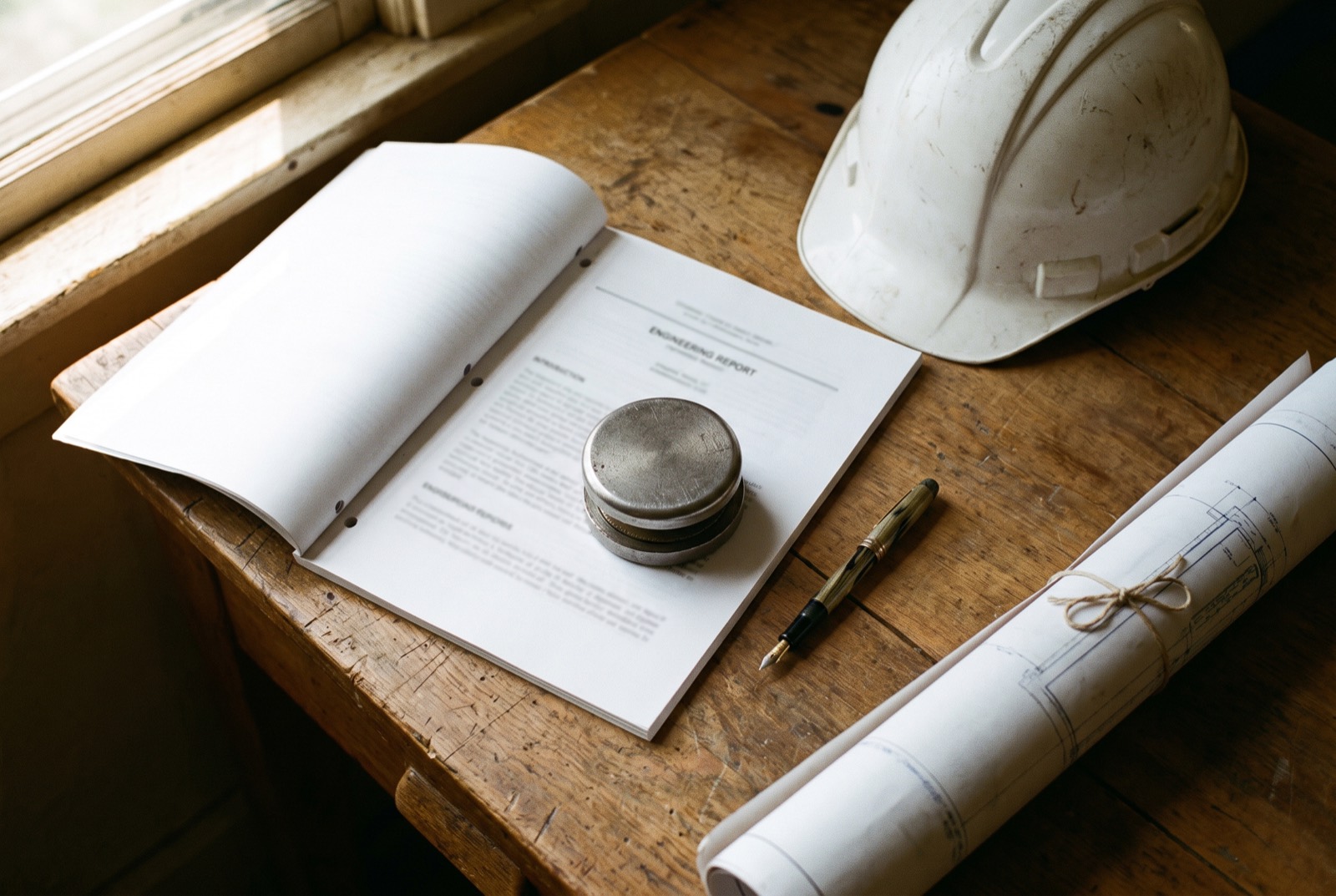 An engineering report, seal press, and hard hat on a desk