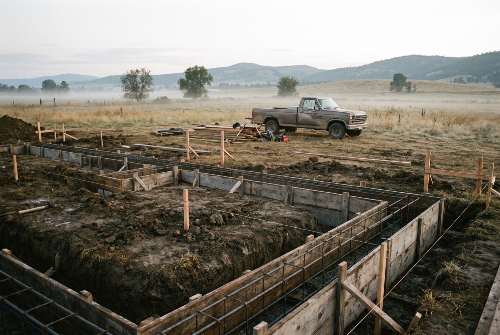 Footing trenches with forms and rebar before the concrete pour