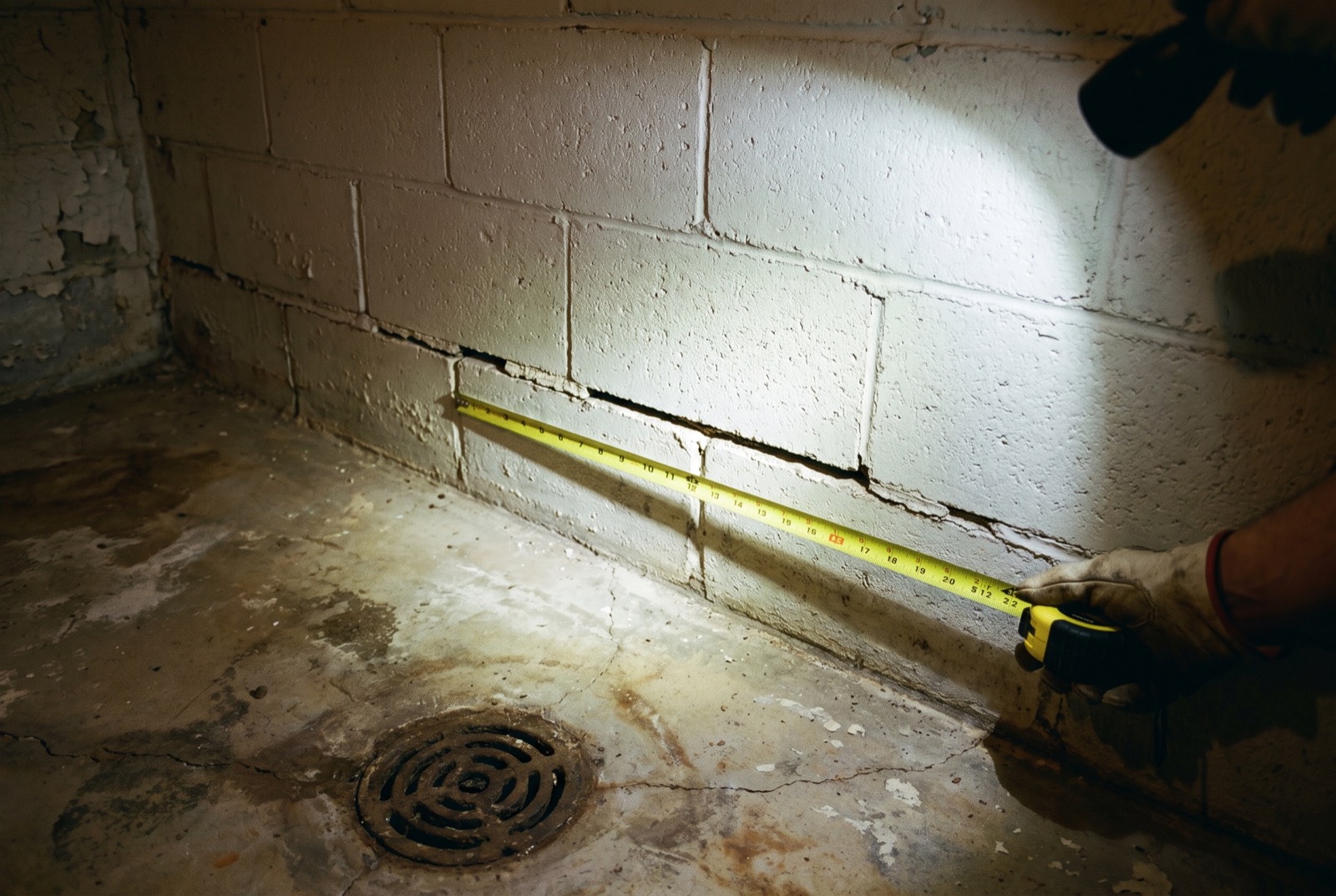 A tape measure held along a horizontal crack in a block basement wall