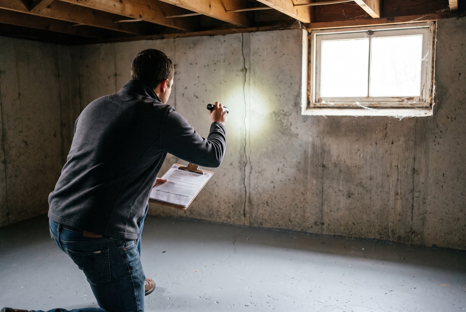 An engineer with a clipboard shining a flashlight on a cracked basement wall