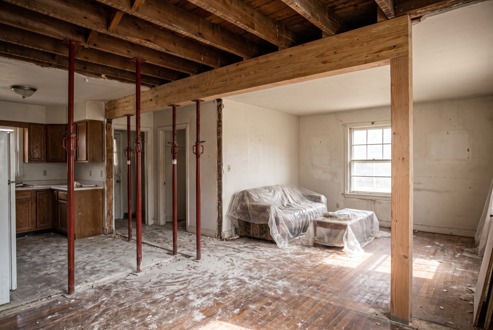 A new beam and temporary shoring where a wall was removed