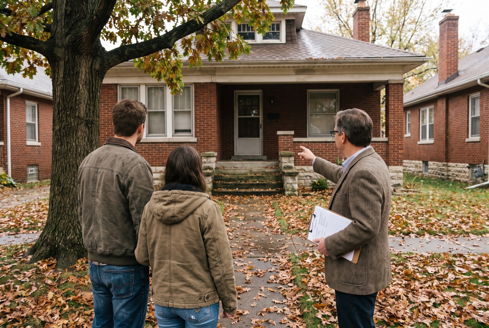 Buyers and an inspector looking at a brick bungalow from the front walk