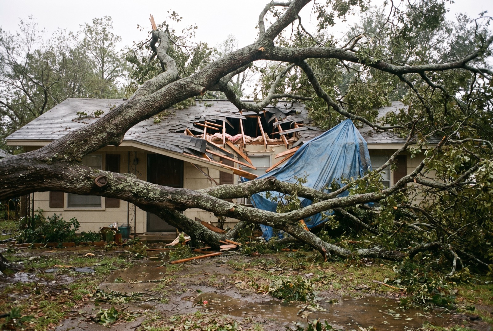 A fallen tree across the damaged roof of a house